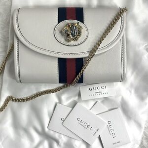 GUCCI Mini Rajah White Leather Tiger Web Stripe Chain Crossbody Bag